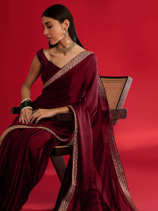 Maroon Maroon Party Wear Satin Embellished Saree