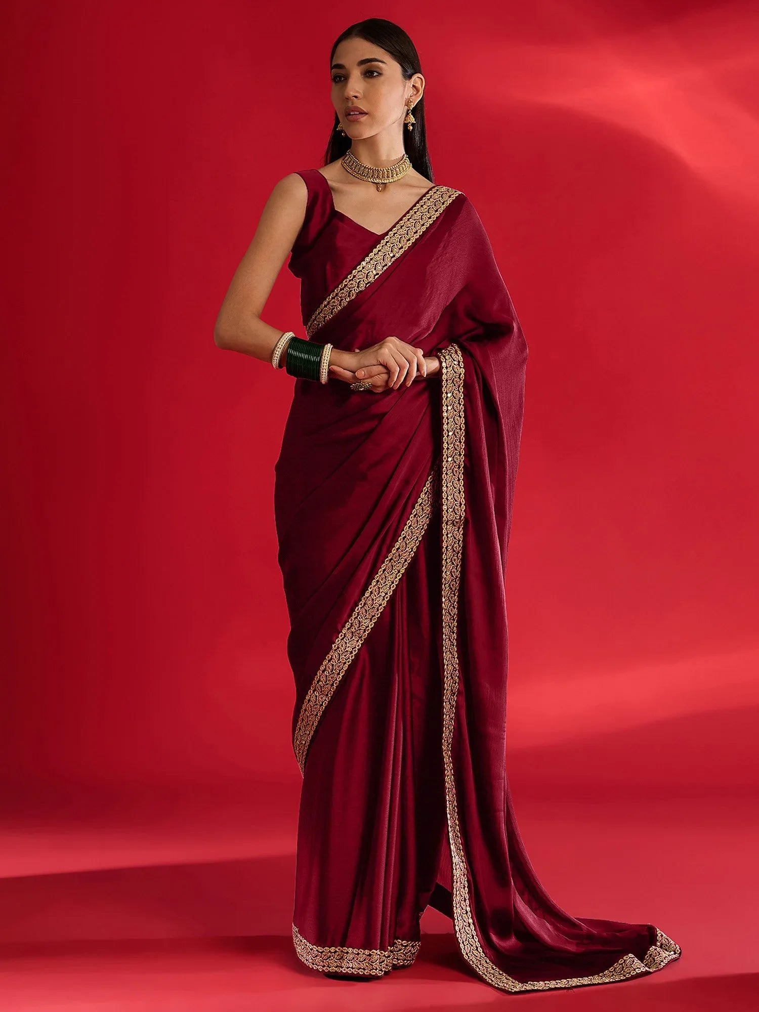 Maroon Party Wear Satin Embellished Saree