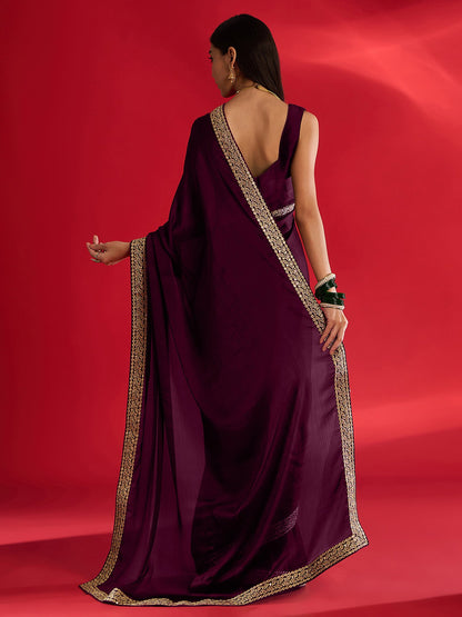 Magenta Party Wear Satin Embellished Saree