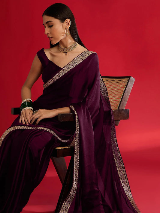 Purple Magenta Party Wear Satin Embellished Saree