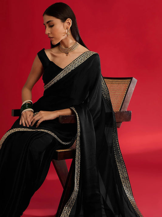 Black Black Party Wear Satin Embellished Saree
