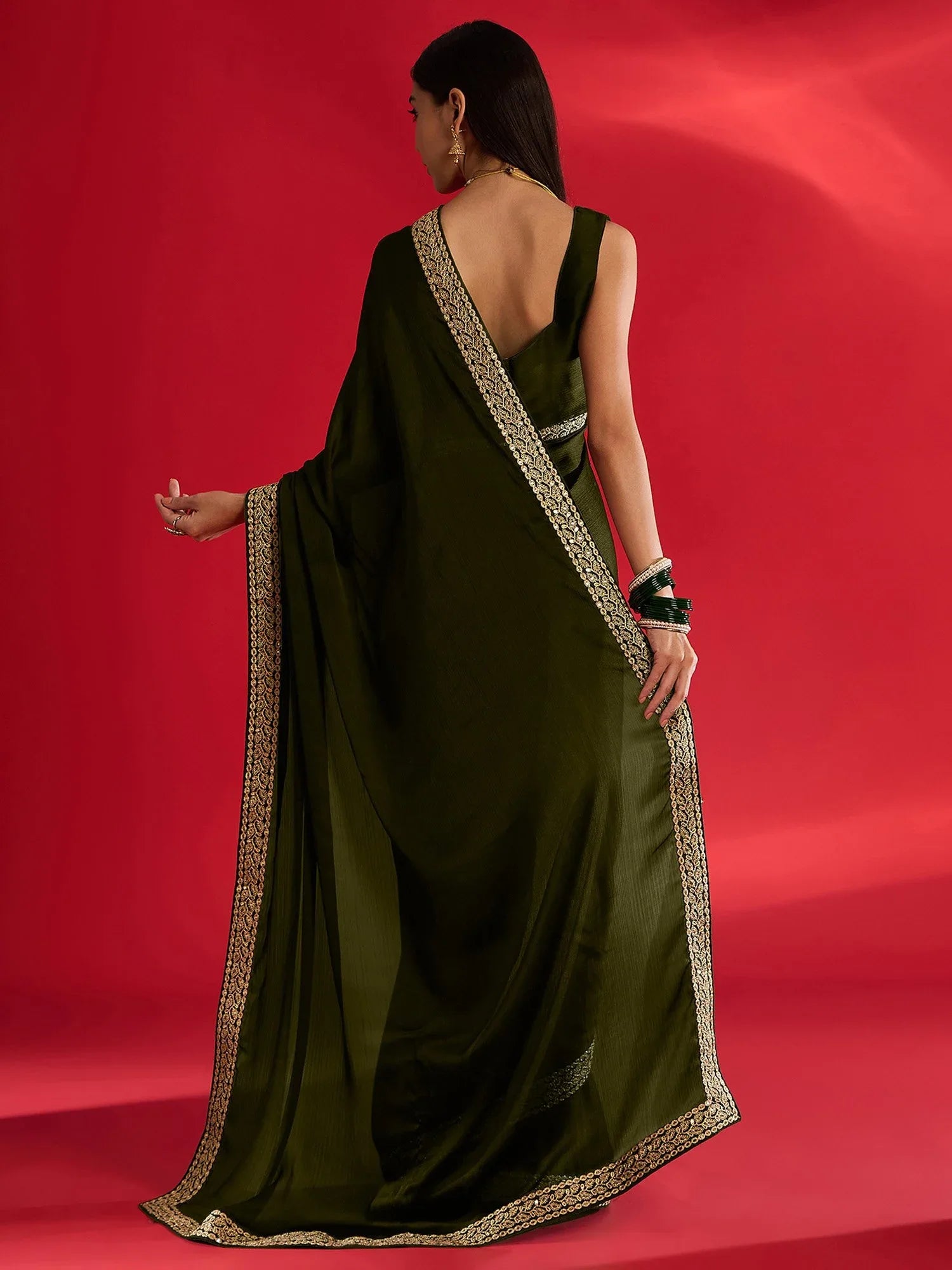Olive Party Wear Satin Embellished Saree
