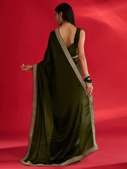 Olive Party Wear Satin Embellished Saree