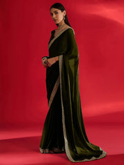 Olive Party Wear Satin Embellished Saree