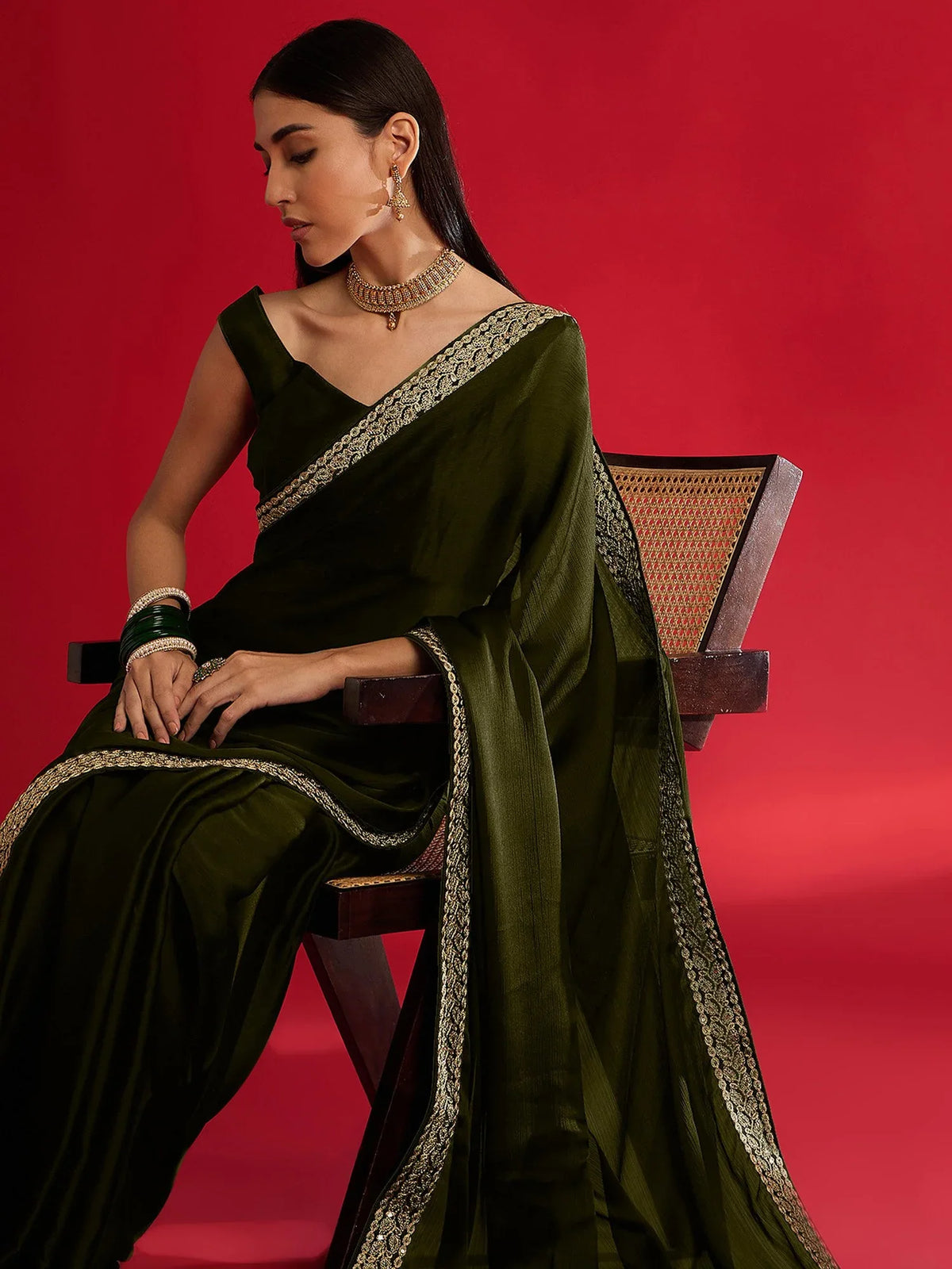Green Olive Party Wear Satin Embellished Saree