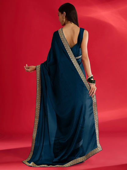 Teal Party Wear Satin Embellished Saree