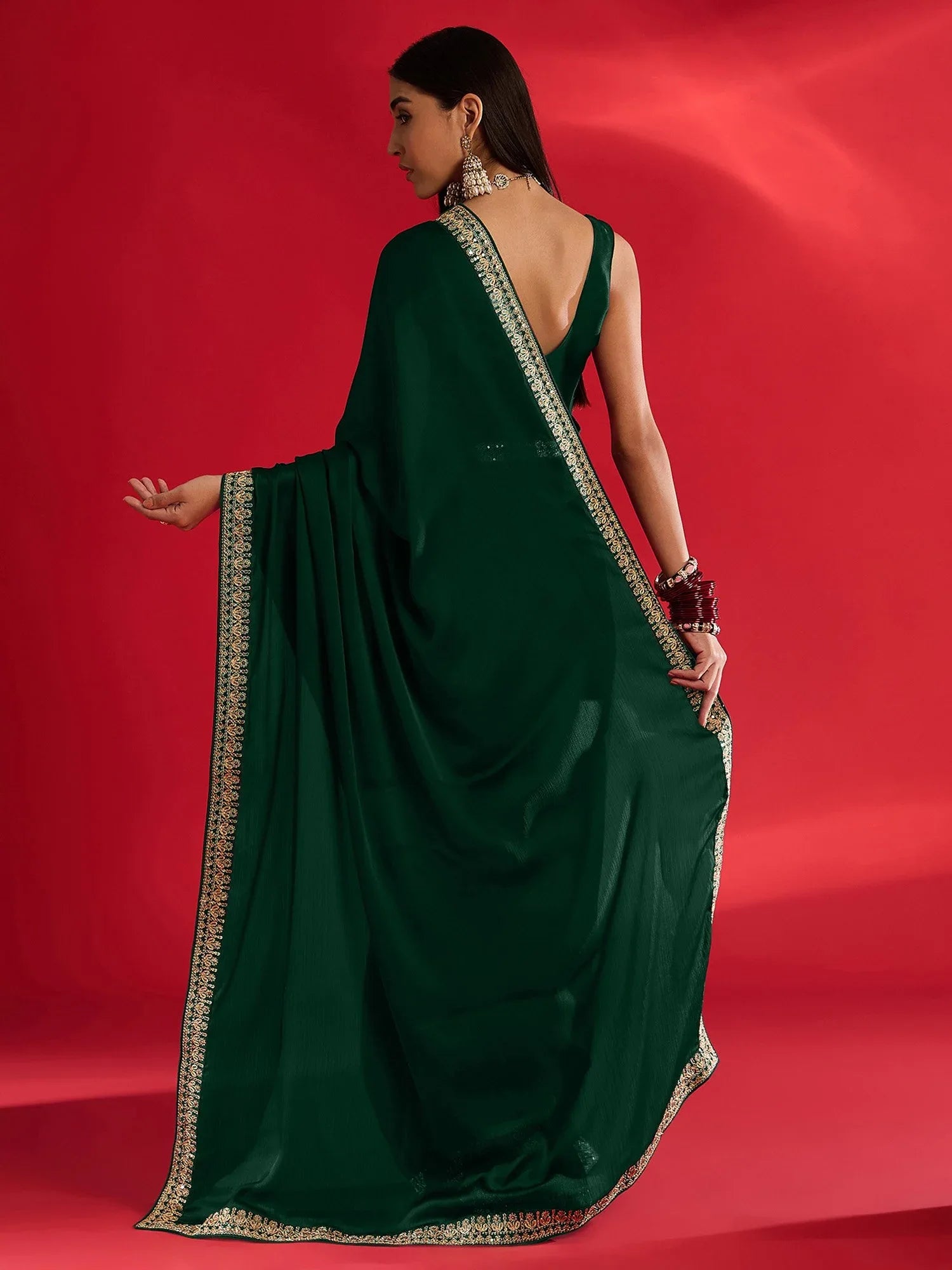 Green Party Wear Satin Embellished Saree