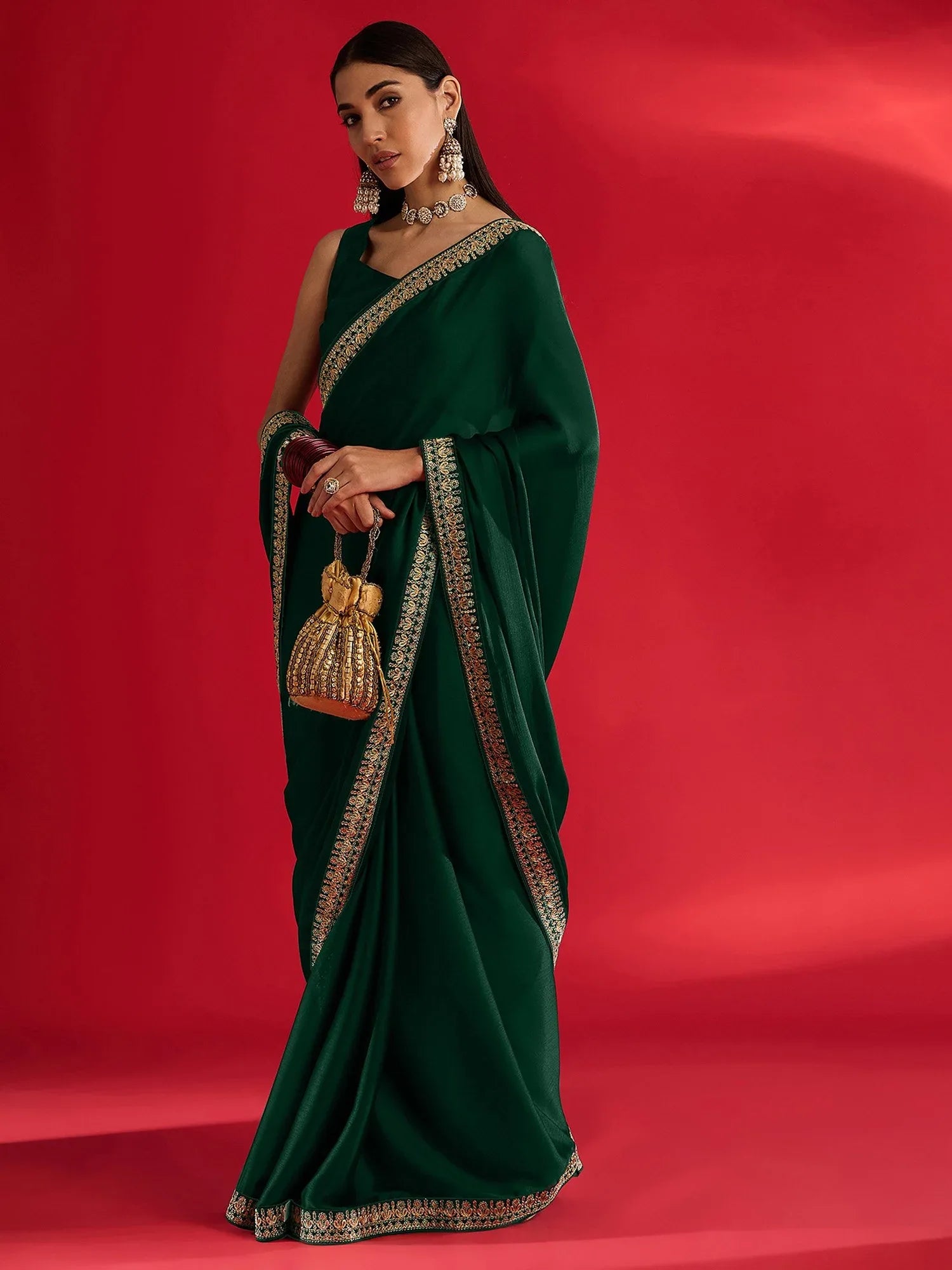 Green Party Wear Satin Embellished Saree