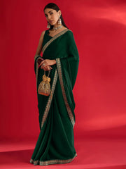 Green Party Wear Satin Embellished Saree