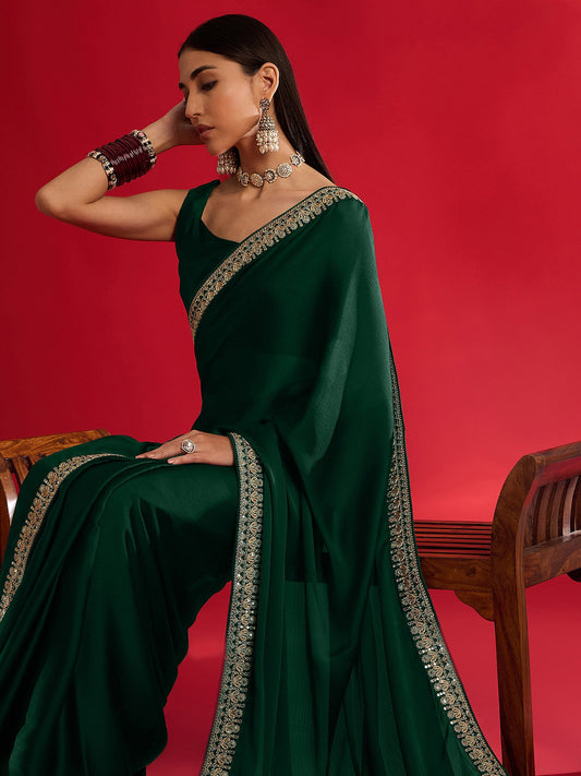 Green Green Party Wear Satin Embellished Saree
