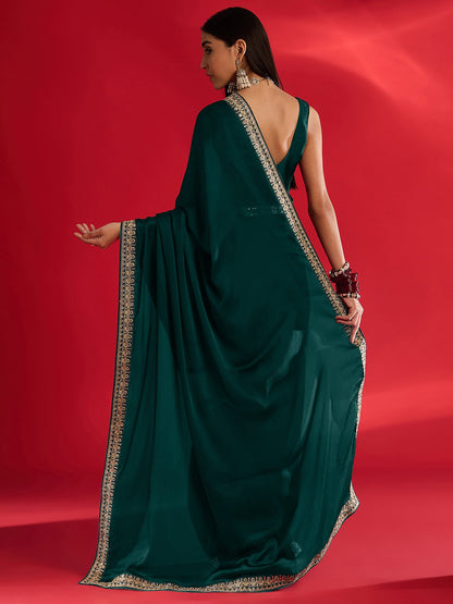 Teal Party Wear Satin Embellished Saree
