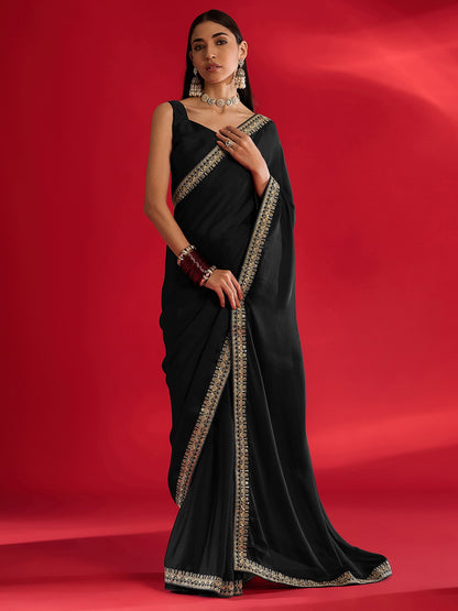 Black Party Wear Satin Embellished Saree