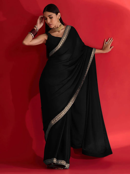 Black Black Party Wear Satin Embellished Saree