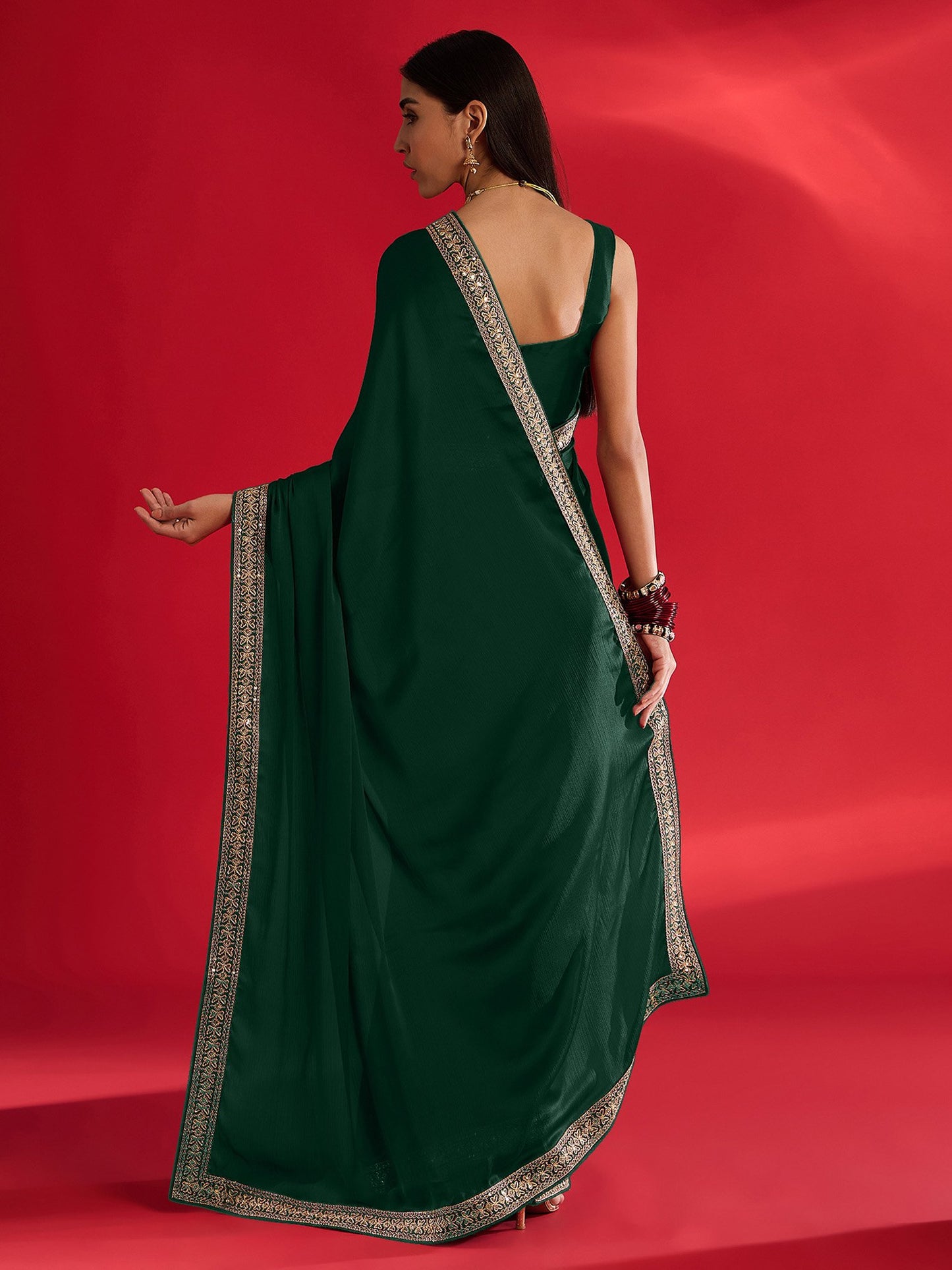 Green Party Wear Satin Embellished Saree