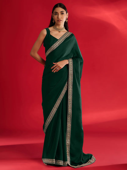 Green Party Wear Satin Embellished Saree