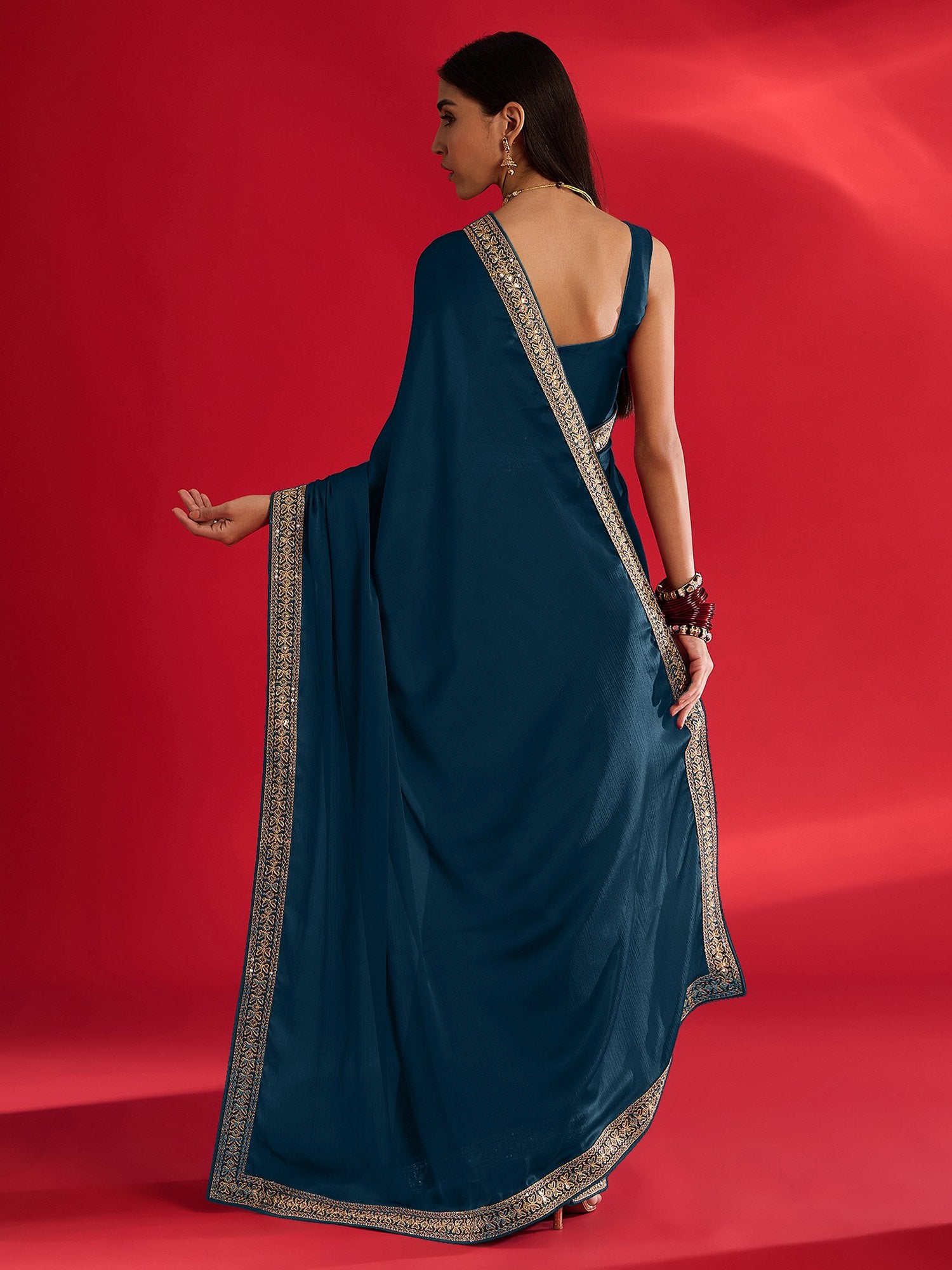 Teal Blue Party Wear Satin Embellished Saree