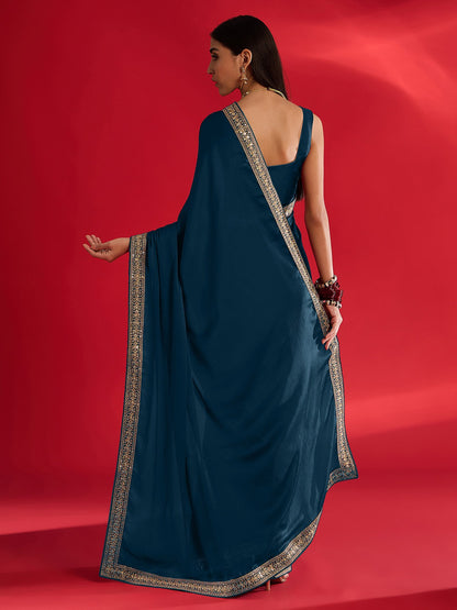 Teal Party Wear Satin Embellished Saree