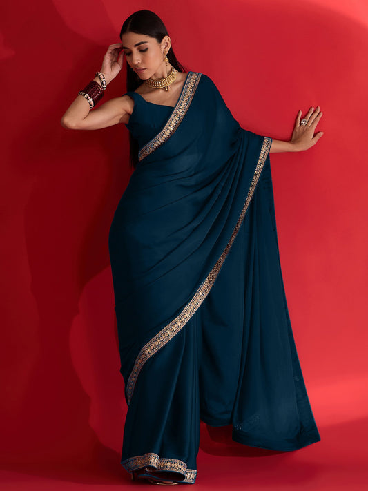 Blue Teal Party Wear Satin Embellished Saree