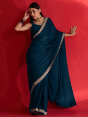 Blue Teal Party Wear Satin Embellished Saree