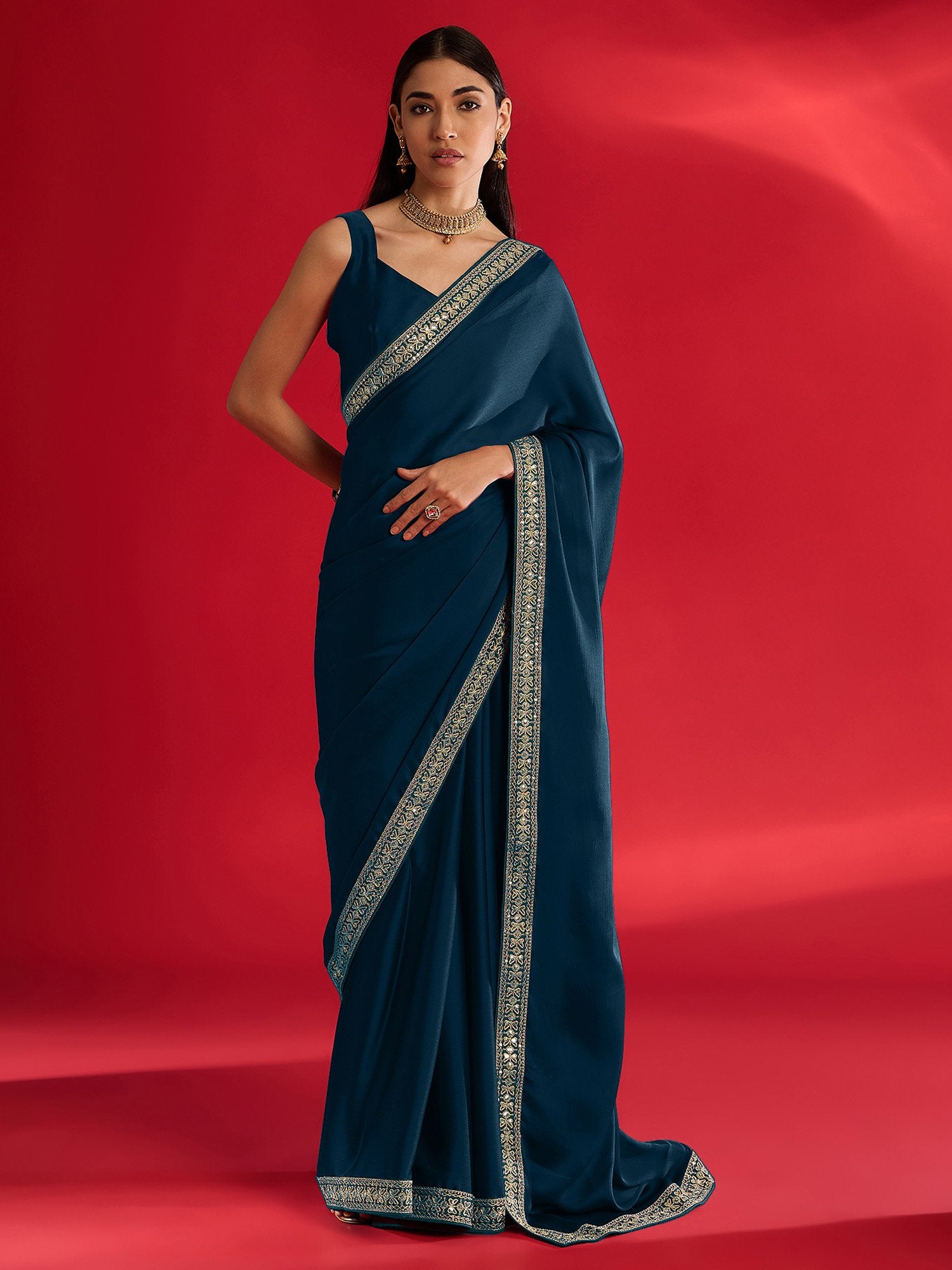 Teal Blue Party Wear Satin Embellished Saree