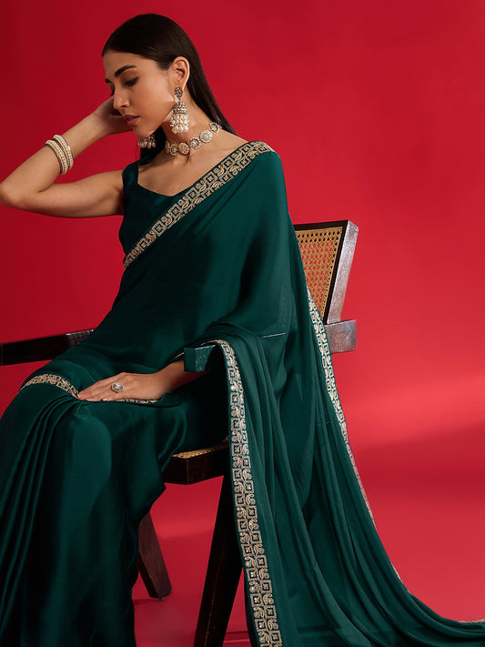 Green Teal Party Wear Satin Embellished Saree