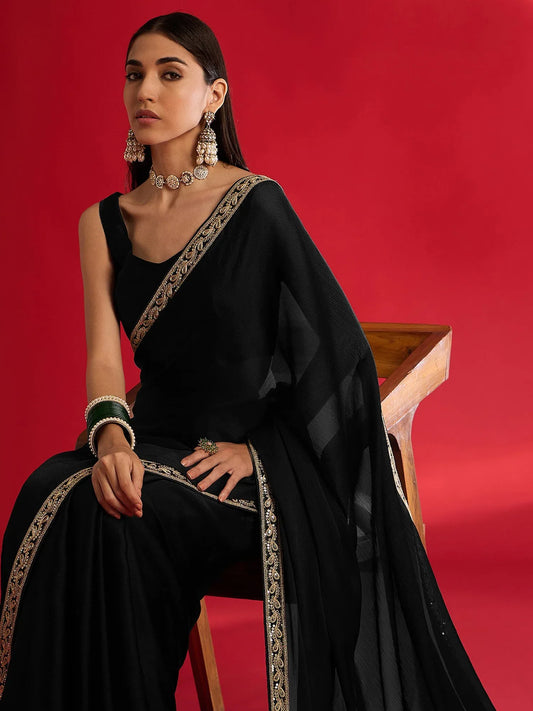 Black Black Party Wear Satin Embellished Saree