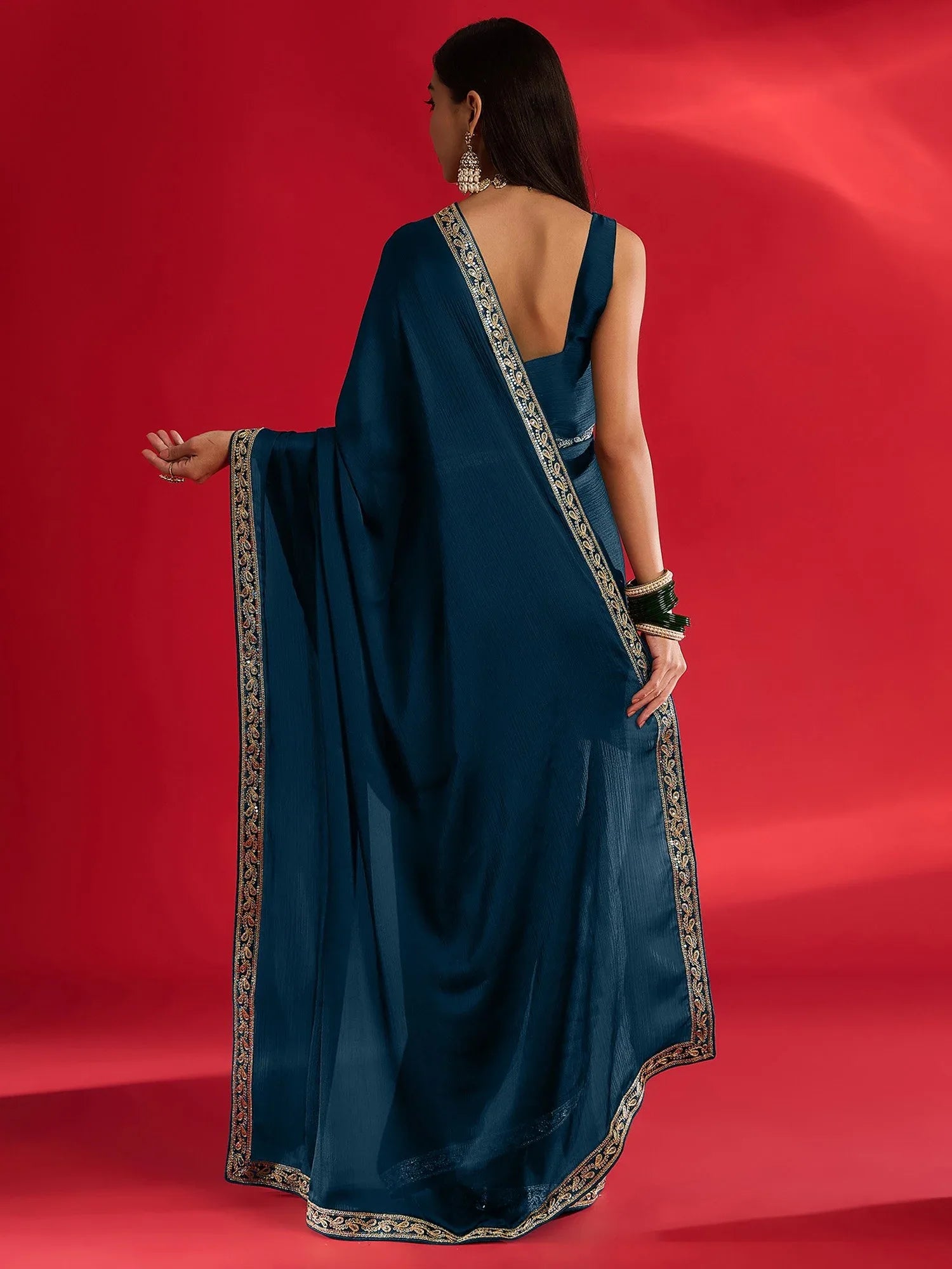 Teal Blue Party Wear Satin Embellished Saree