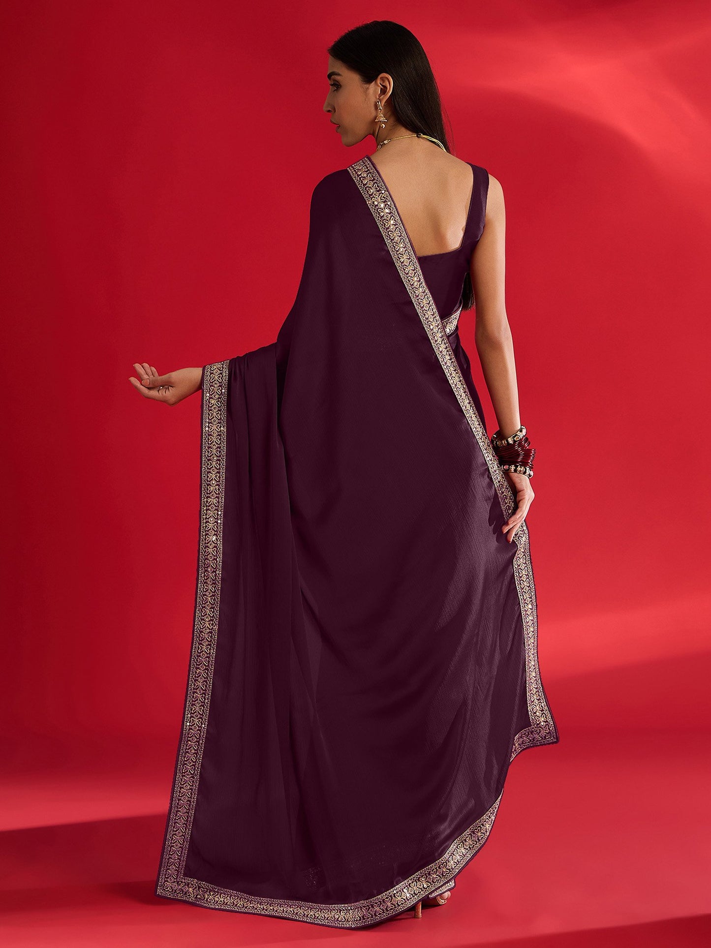 Magenta Party Wear Satin Embellished Saree