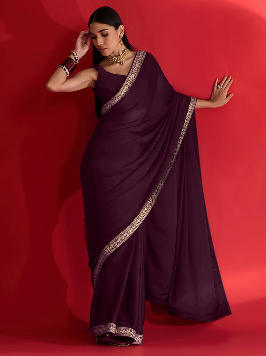 Purple Magenta Party Wear Satin Embellished Saree