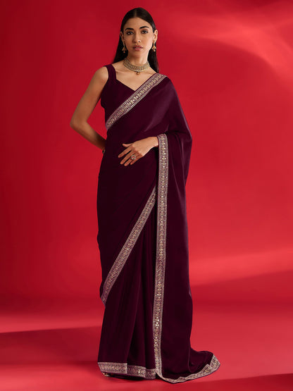 Magenta Party Wear Satin Embellished Saree
