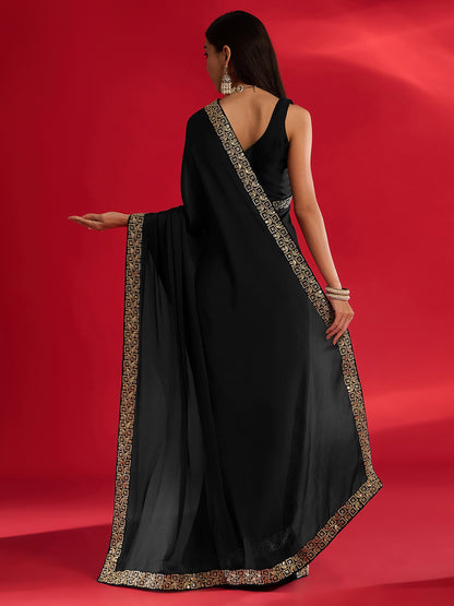Black Party Wear Satin Embellished Saree
