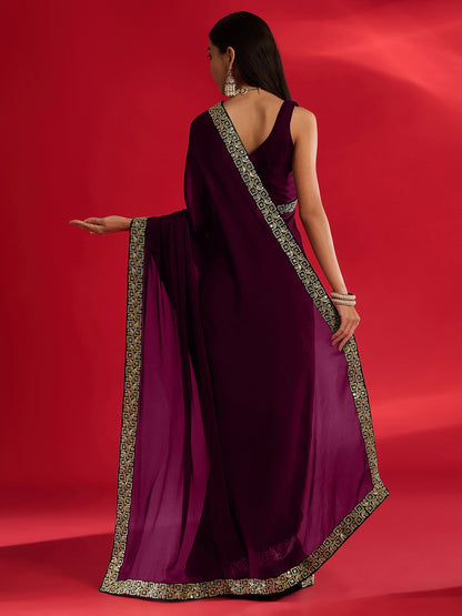 Magenta Party Wear Satin Embellished Saree