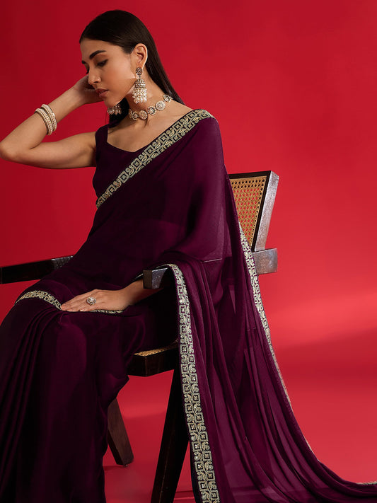Purple Magenta Party Wear Satin Embellished Saree