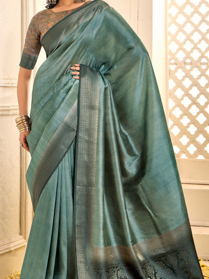 Sea Jamdani Tussar Silk Woven Saree