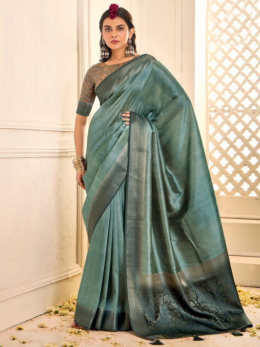 Green Sea Jamdani Tussar Silk Woven Saree
