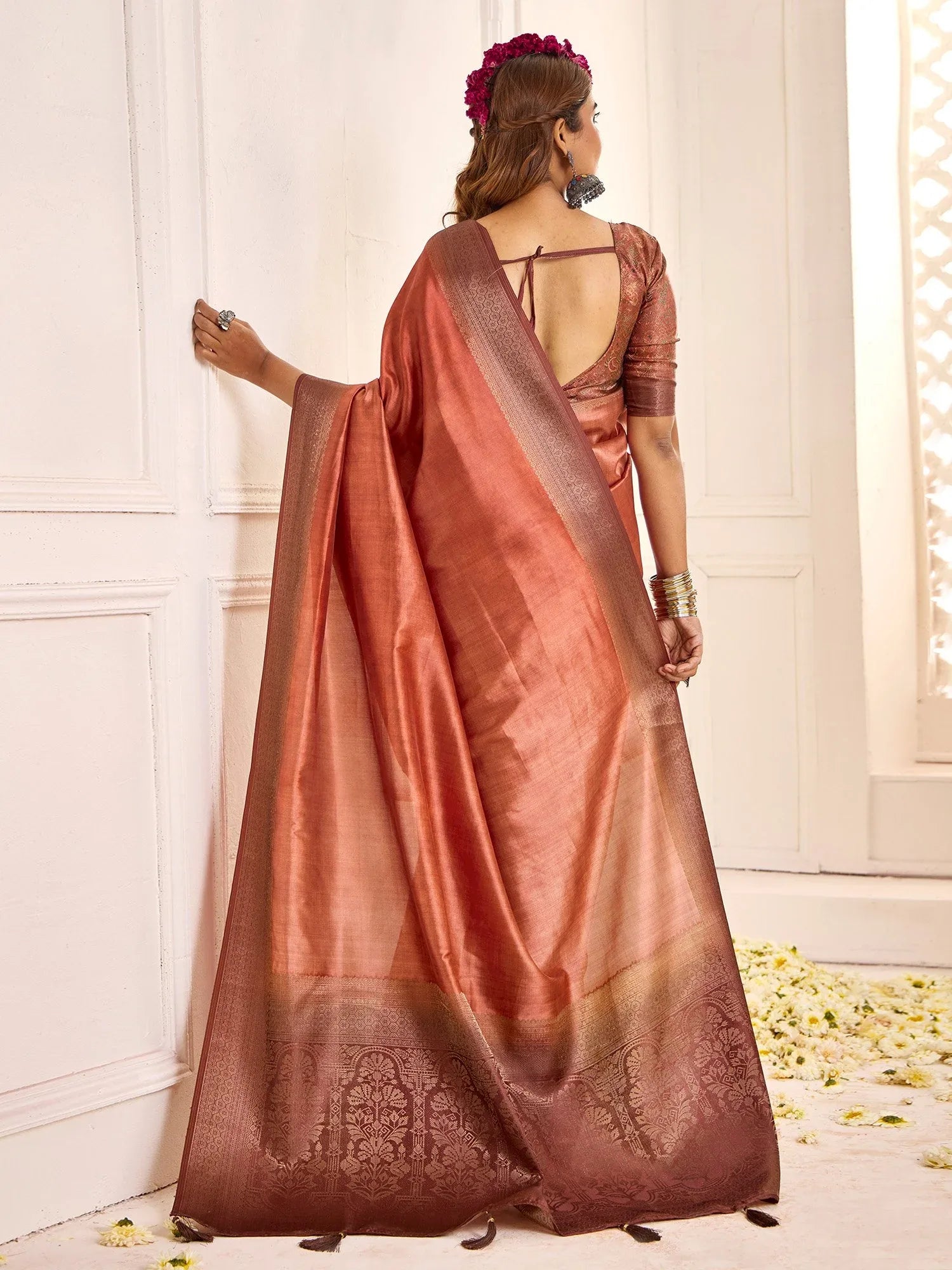 Rust Jamdani Tussar Silk Woven Saree