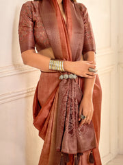 Rust Jamdani Tussar Silk Woven Saree
