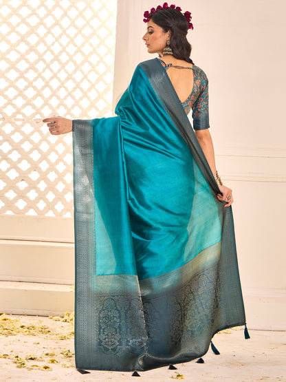 Blue Jamdani Tussar Silk Woven Saree