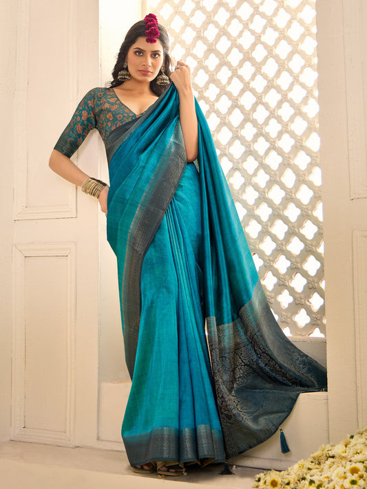 Blue Blue Jamdani Tussar Silk Woven Saree