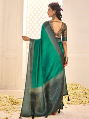 Teal Green Jamdani Tussar Silk Woven Saree