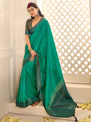 Blue Teal Jamdani Tussar Silk Woven Saree
