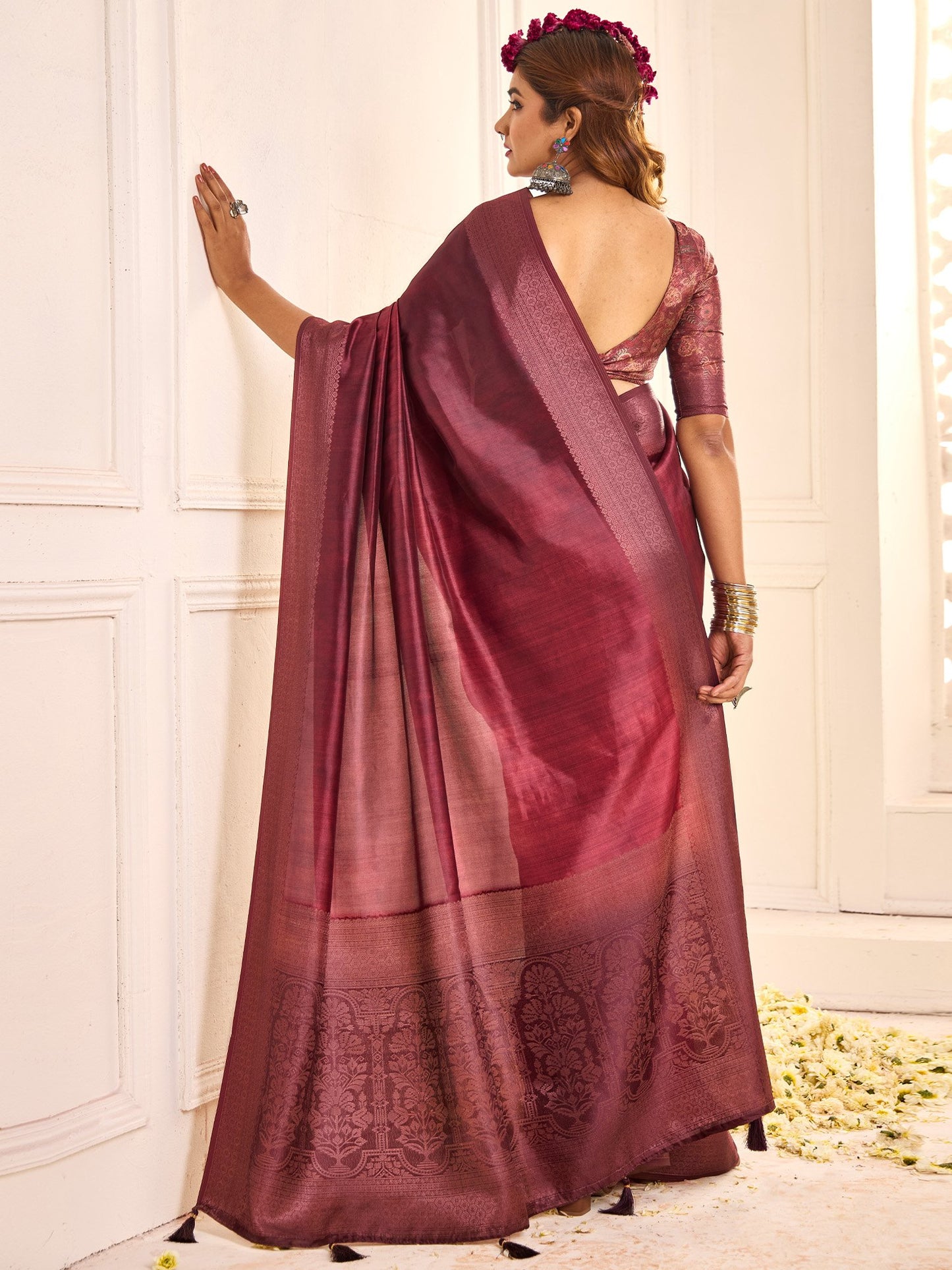 Maroon Jamdani Tussar Silk Woven Saree