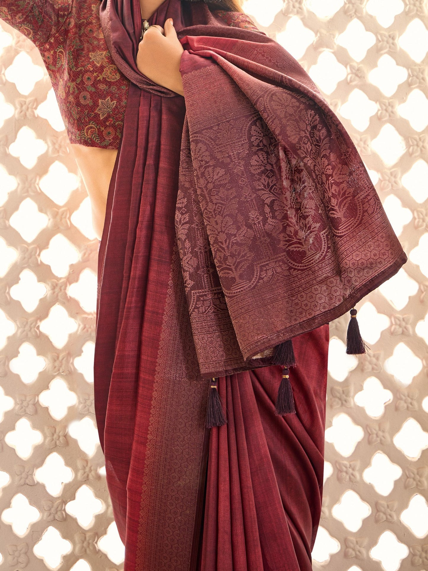 Maroon Jamdani Tussar Silk Woven Saree