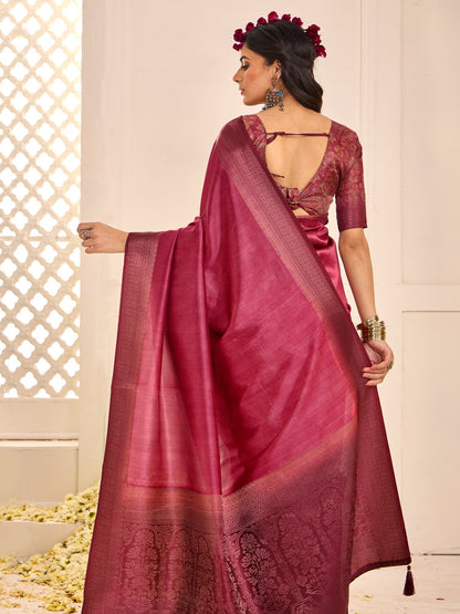 Burgundy Jamdani Tussar Silk Woven Saree