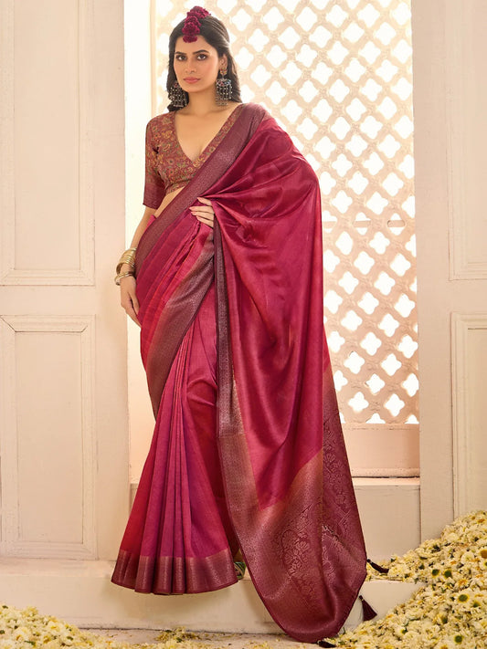Pink Burgundy Jamdani Tussar Silk Woven Saree