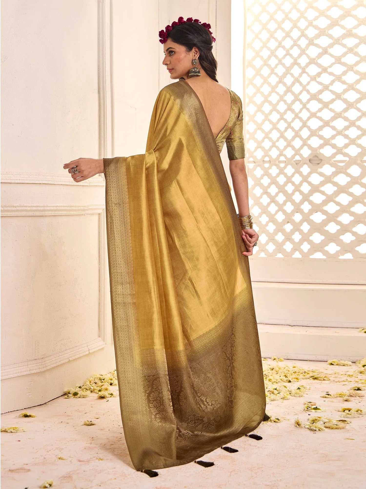 Gold Jamdani Tussar Silk Woven Saree - The Dori Store