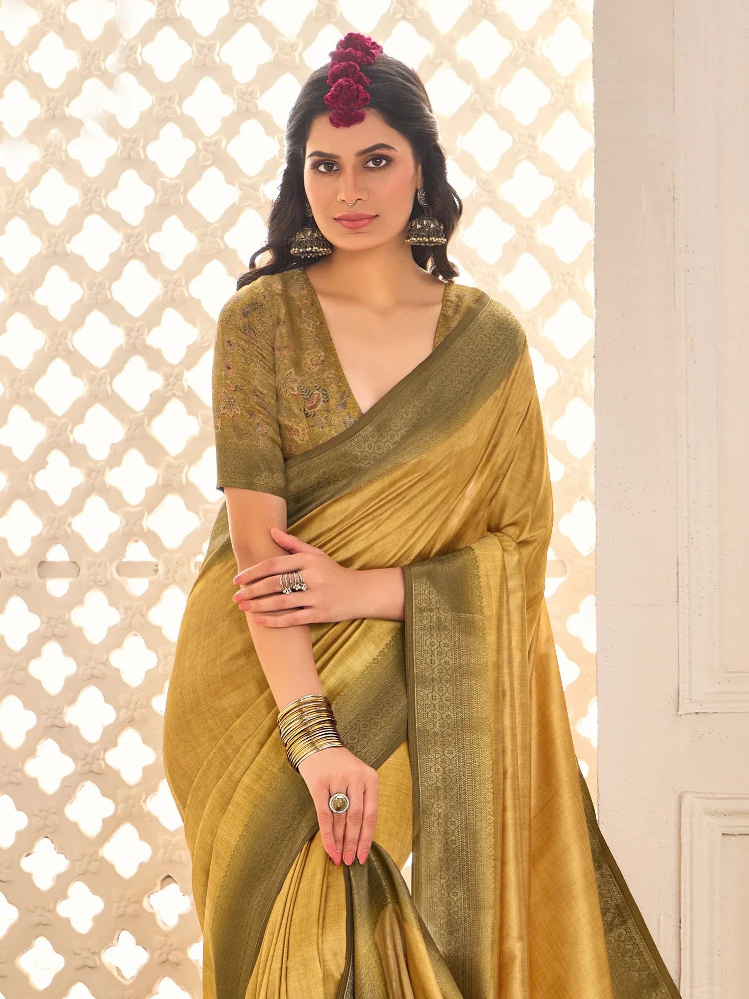 Gold Jamdani Tussar Silk Woven Saree - The Dori Store