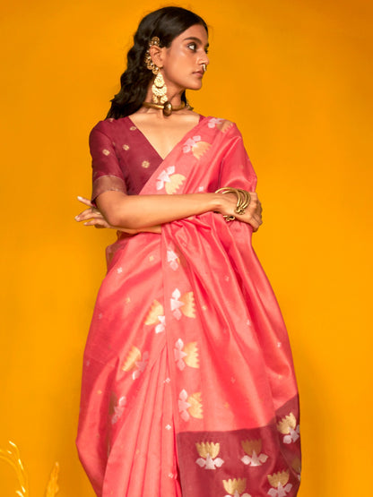 Pink Jamdani Tussar Silk Woven Saree