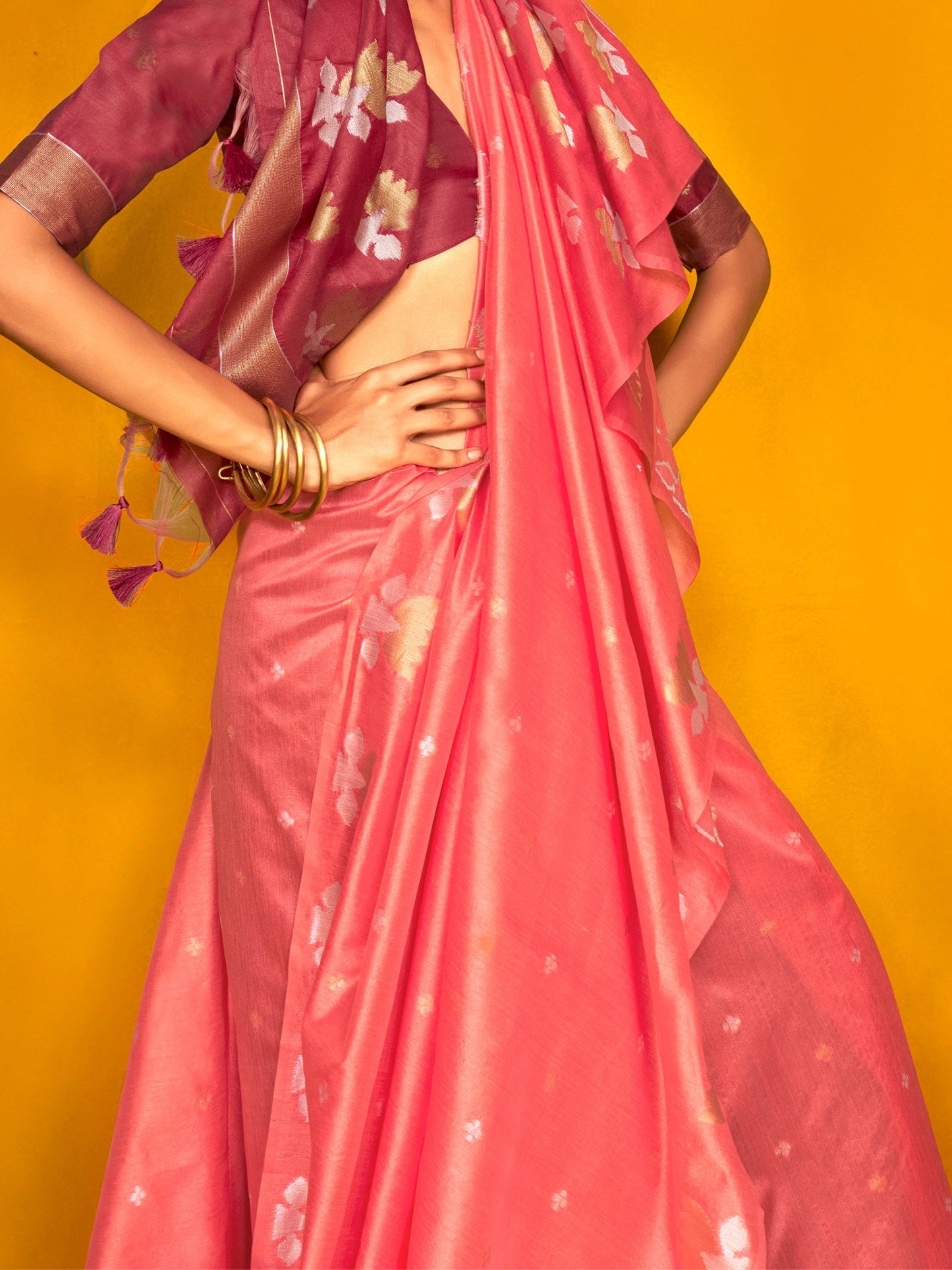 Pink Jamdani Tussar Silk Woven Saree