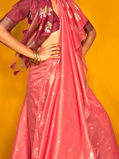 Pink Jamdani Tussar Silk Woven Saree